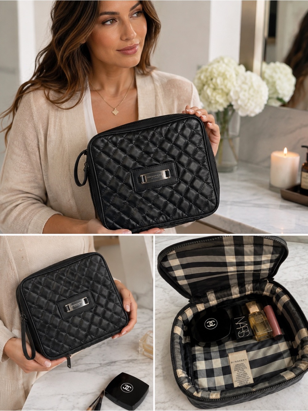 Burberry Of London Black & White Nova Check Plaid  Cosmetic Bag/Jewelry Travel